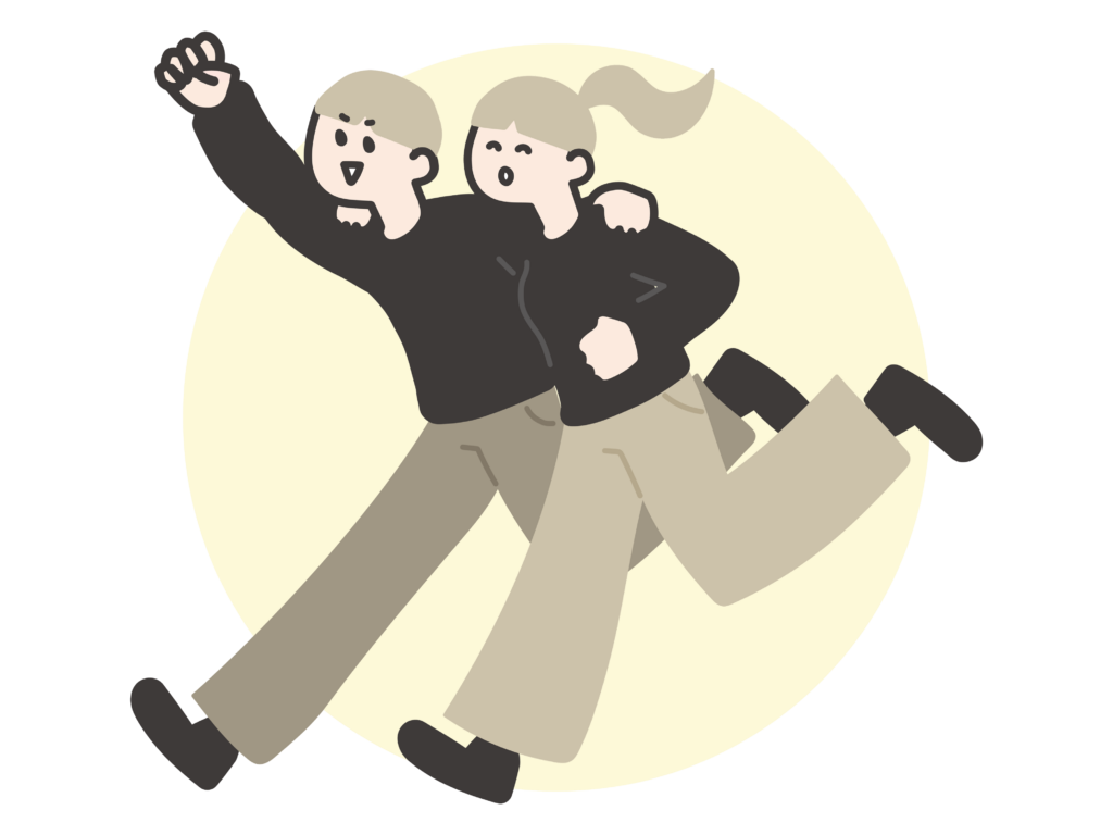 肩を組んで走っている男女